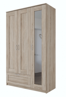Шкаф трехдверный Сириус с зеркалом и 1 ящиком дуб сонома в Чехове - chexov.katalogmebeli.com | фото 1